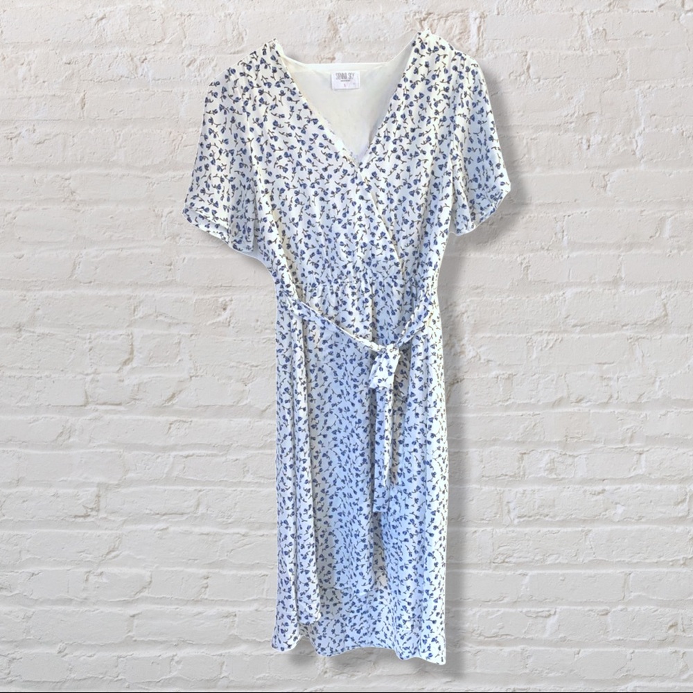 [NWT] SIENNA SKY • White Blue Floral Faux Midi Wrap Dress